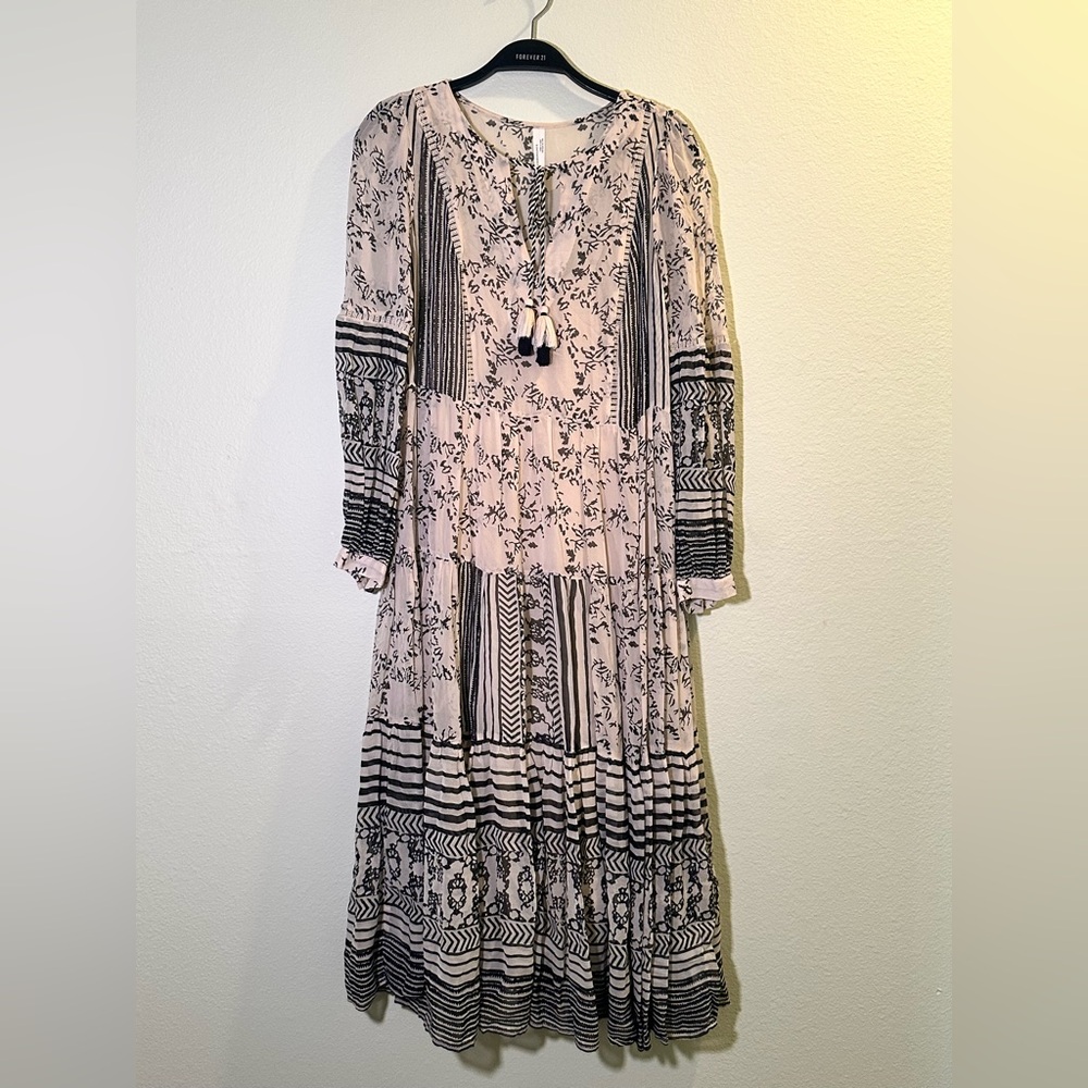 Anthropologie Black and Cream Floral Long Sleeve Dress